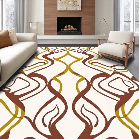 ODIKA 8'x10' Machine Washable Non-Slip Area Rug, Maze Boho with Abstract and Swirling Accents High Traffic Rug, Brown, 391949