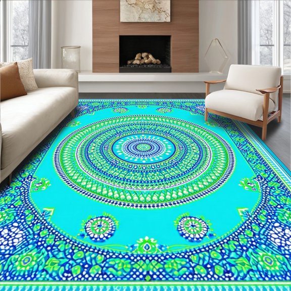 ODIKA 4'x6' Machine Washable Non-Slip Area Rug, Zen Garden Turquoise Medallion Easy Care Backyard High Traffic Rug, Blue, 67854