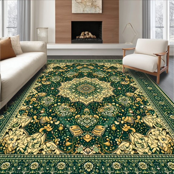 ODIKA 4'x6' Machine Washable Non-Slip Area Rug, and Plush Geometric Spotted High Traffic Rug, Green, 61836