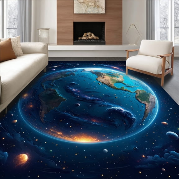 ODIKA 5'x7' Machine Washable Non-Slip Area Rug, world map round High Traffic Rug, Blue, 641