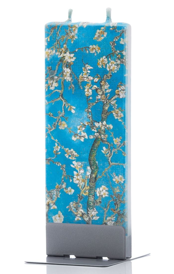 Flatyz Hand Painted Flat Candle | Unscented, Dripless, Smokeless, Decorative | Van Gogh – Almond Blossom | Double Wick with Metal Base | Unique Gift Idea and Home Décor Accent
