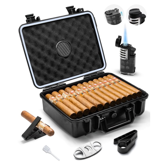 Flauno Travel Cigar Humidor - Large Portable Travel Humidor kit with Humidifier, Cigar Cutter, Cigar Punch, Cigar Holder, Waterproof & Crushproof, Airtight Seal Cigar Case, Holds up to 36 Cigars