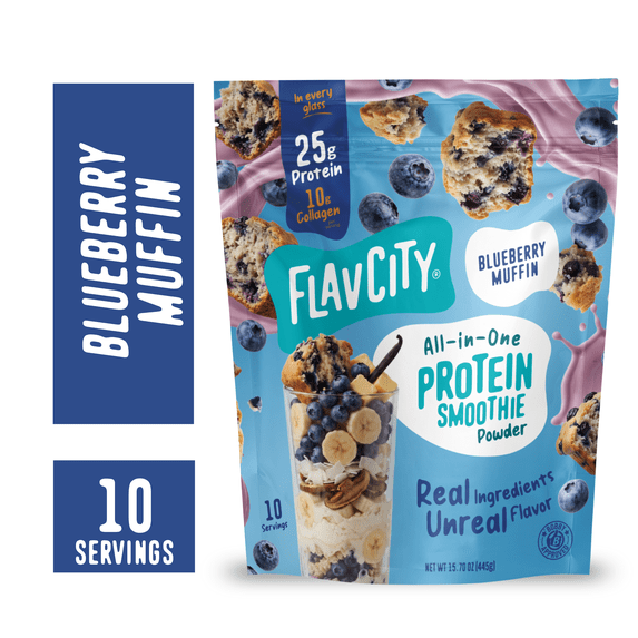 FlavCity Whey Protein Powder - Blueberry Muffin - 25g Protein All-in-One Smoothie - 10 Servings/15.70oz