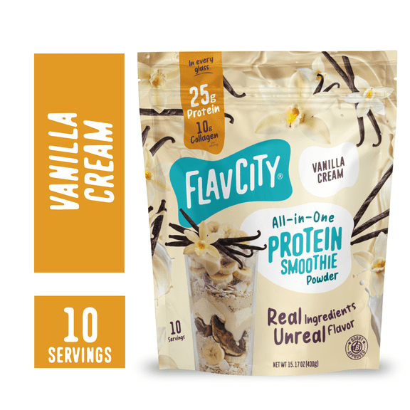 FlavCity Whey Protein Powder - Vanilla Cream - 25g Protein All-in-One Smoothie - 10 Servings/15.17oz