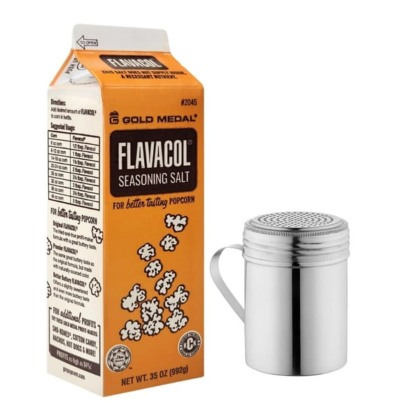 Flavacol Popcorn Seasoning Salt 35oz with Stainless Steel Shaker 10oz