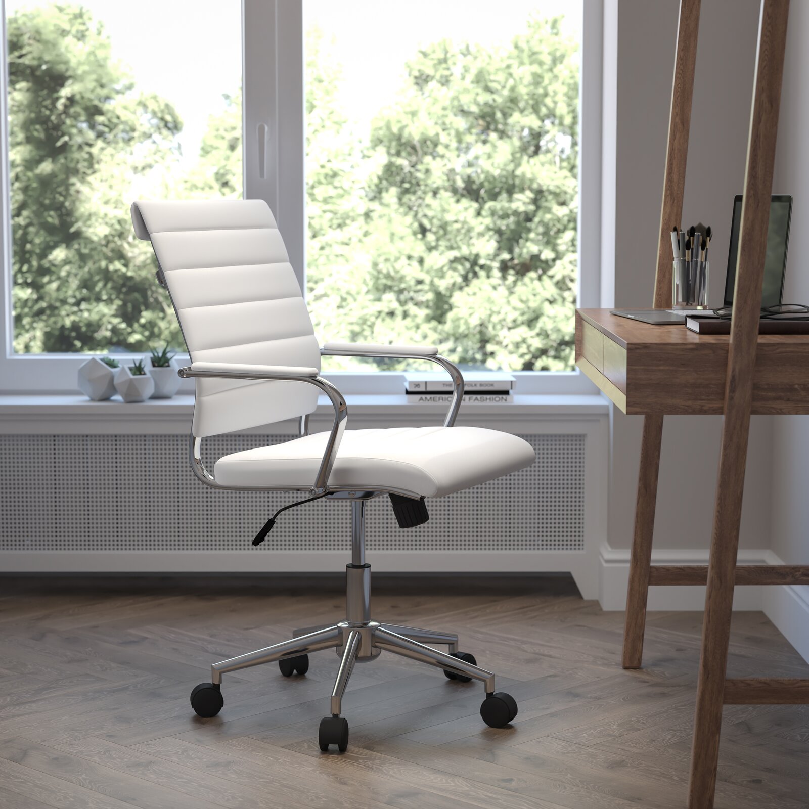 Flavius MidBack Ribbed Task Chair, White LeatherSoft Upholstery