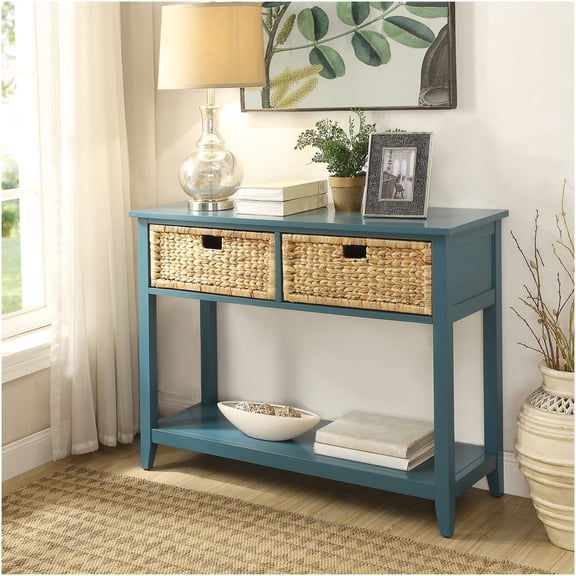 Flavius Teal Finish Console Table with 2 Drawers and Open Shelf for Entryway