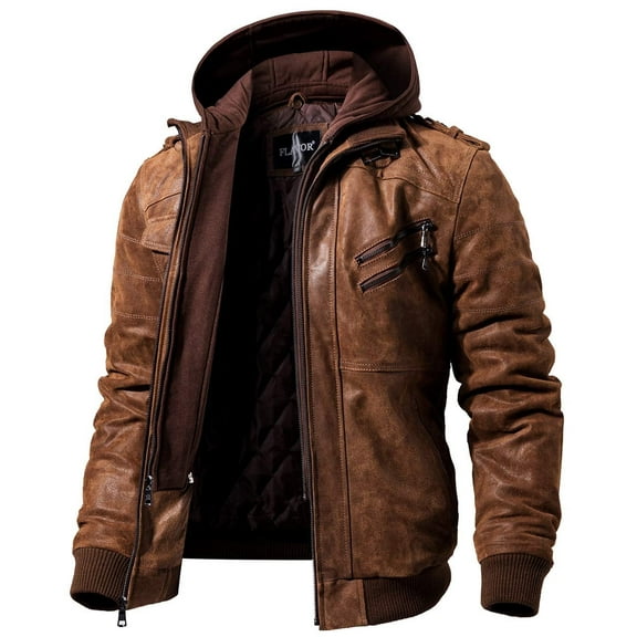 Mens Brown Real Leather Jacket with Removable Hood (X-Large, Brown)