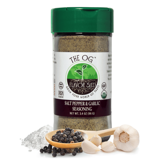 Flavor Seed The OG Organic Salt Pepper Garlic Seasoning, Carnivore & Keto Friendly Organic Garlic Salt, SPG Seasoning for Grilling Meat & Veggies, Popcorn Topping, Kosher. 2 oz Glass Jar