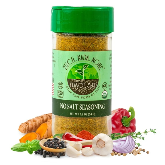 Flavor Seed Zilch Nada None, Organic No Salt Seasoning, Salt Substitute for Cooking with Herbs and Spices, All Purpose Seasoning for Meat, Fish & Veggies, Gluten Free, Kosher, Vegan, 1.9oz Shaker Jar