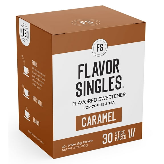 Flavor Singles Caramel Powdered Sweetener Packets for Coffee & Tea, Travel Ready Single-Serve Syrup Alternative, 30 Count (Pack of 1)