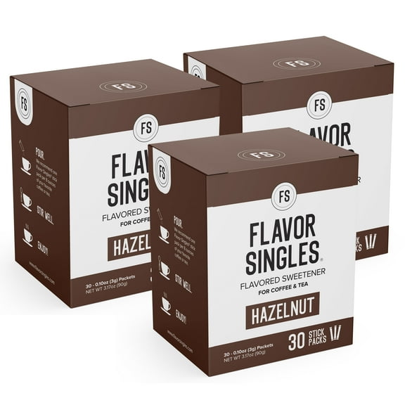 Flavor Singles Hazelnut Powdered Sweetener Packets for Coffee & Tea, Travel Ready Single-Serve Syrup Alternative, 30 Count (Pack of 3)