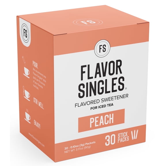 Flavor Singles Peach Powdered Sweetener Packets for Tea, Travel Ready Single-Serve Syrup Alternative, 30 Count (Pack of 1)