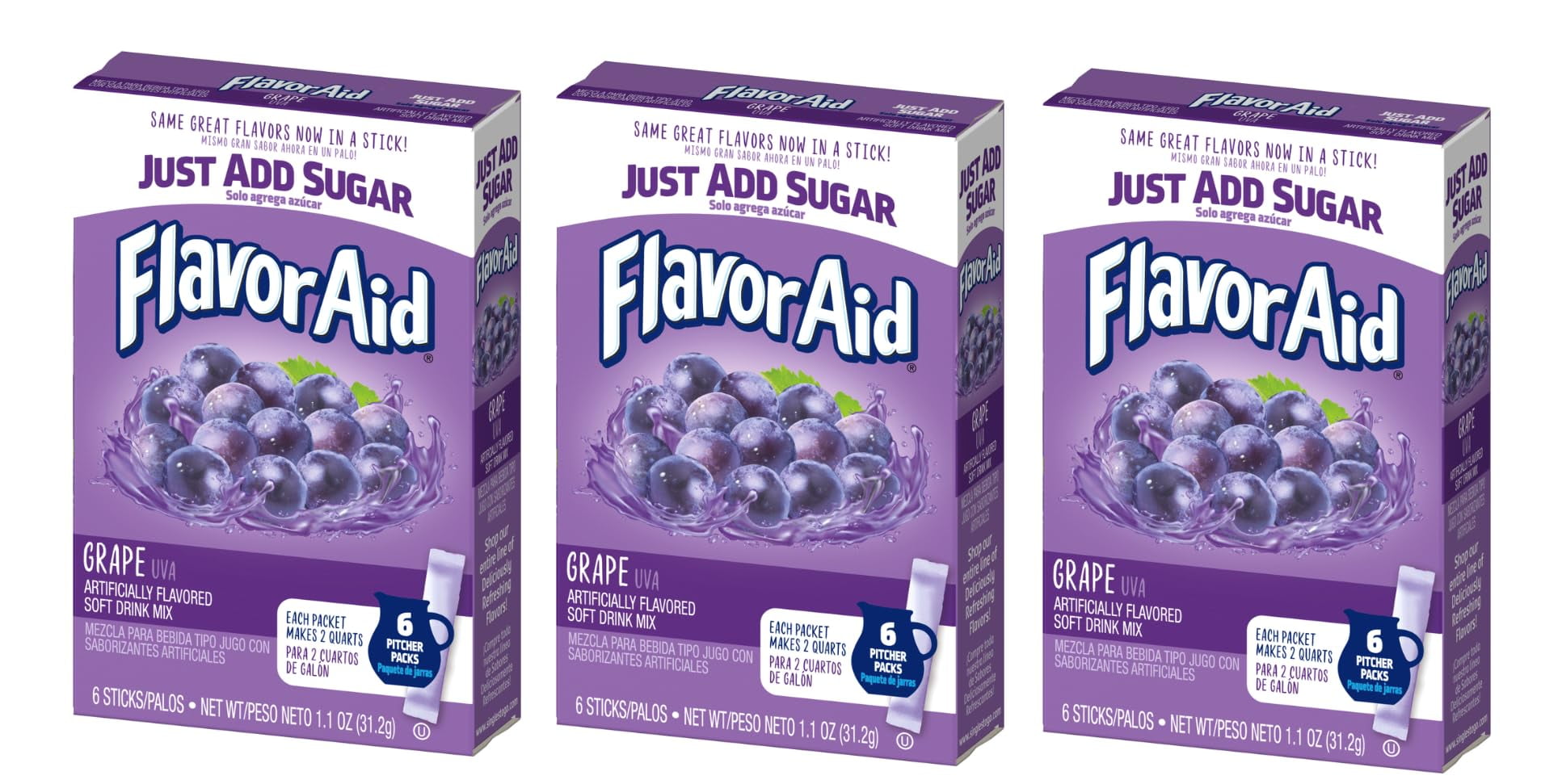 Flavoraid Aguas Frescas - Grape Flavor - Powdered Drink Mix Pack Of 3-6 Sticks Per Box - Each Stick Makes 2 Quarts - Singles To Go! Pitcher Packs - Great Flavors