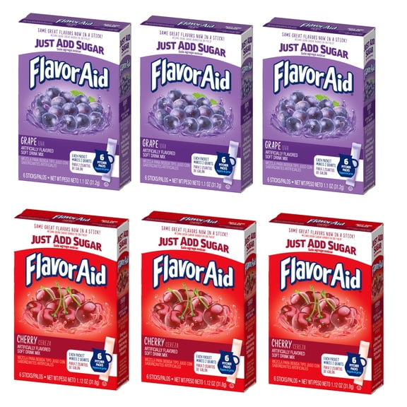 Flavoraid Aguas Frescas Variety Pack - Cherry And Grape Flavor - Powdered Drink Mix Pack Of 6-3 Boxes Of Each Flavor - 6 Sticks Per Box - Singles To Go! - Pitcher Packs