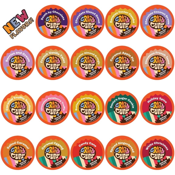 Crazy Cups Flavored Coffee K-Cup Pods Variety Pack, 20 Count Premium Dessert Flavors, 0 Calories, 35% More Coffee, Compatible with Keurig Machines
