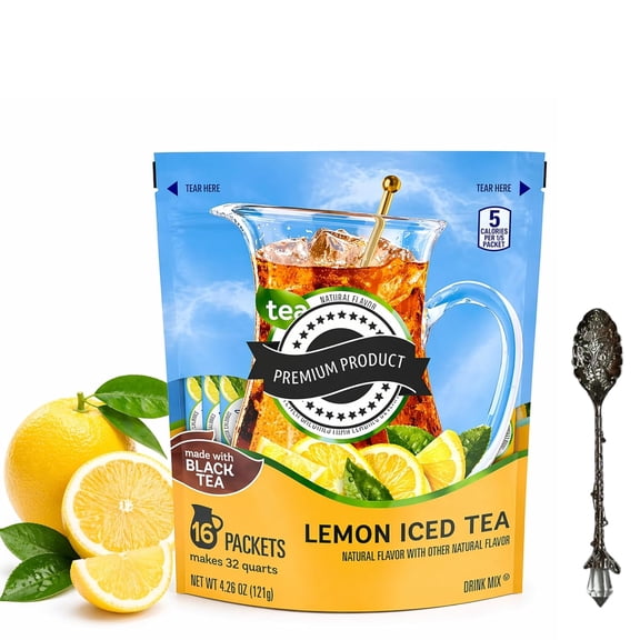 Flavored Drink Mix Pitcher Packets 4.26 oz, 16 Count Sugar Free Black Tea Powder, Refreshing Flavored Iced Tea Mix for Hydration with Dumbass Coffee Gem Spoon (Lemon Iced Tea) Gem Spoon