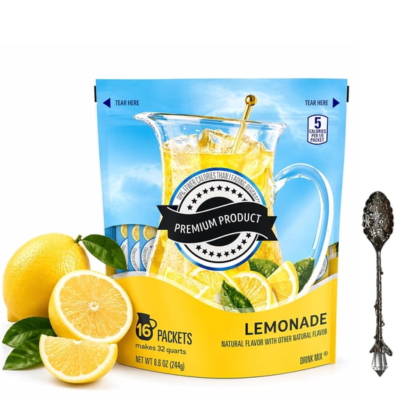 Flavored Drink Mix Pitcher Packets 8.6 oz, 16 Count Sugar Free Black Tea Powder, Refreshing Flavored Iced Tea Mix for Hydration with Dumbass Coffee Gem Spoon (Lemonade Iced Tea) Gem Spoon