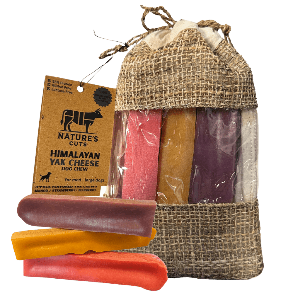 Nature's Cuts – 3-Pack Flavored Yak Chews (Blueberry, Mango & Strawberry) in Handmade Woven Bag - 100% All-Natural | Handmade in Nepal | Traditional Himalayan Recipe