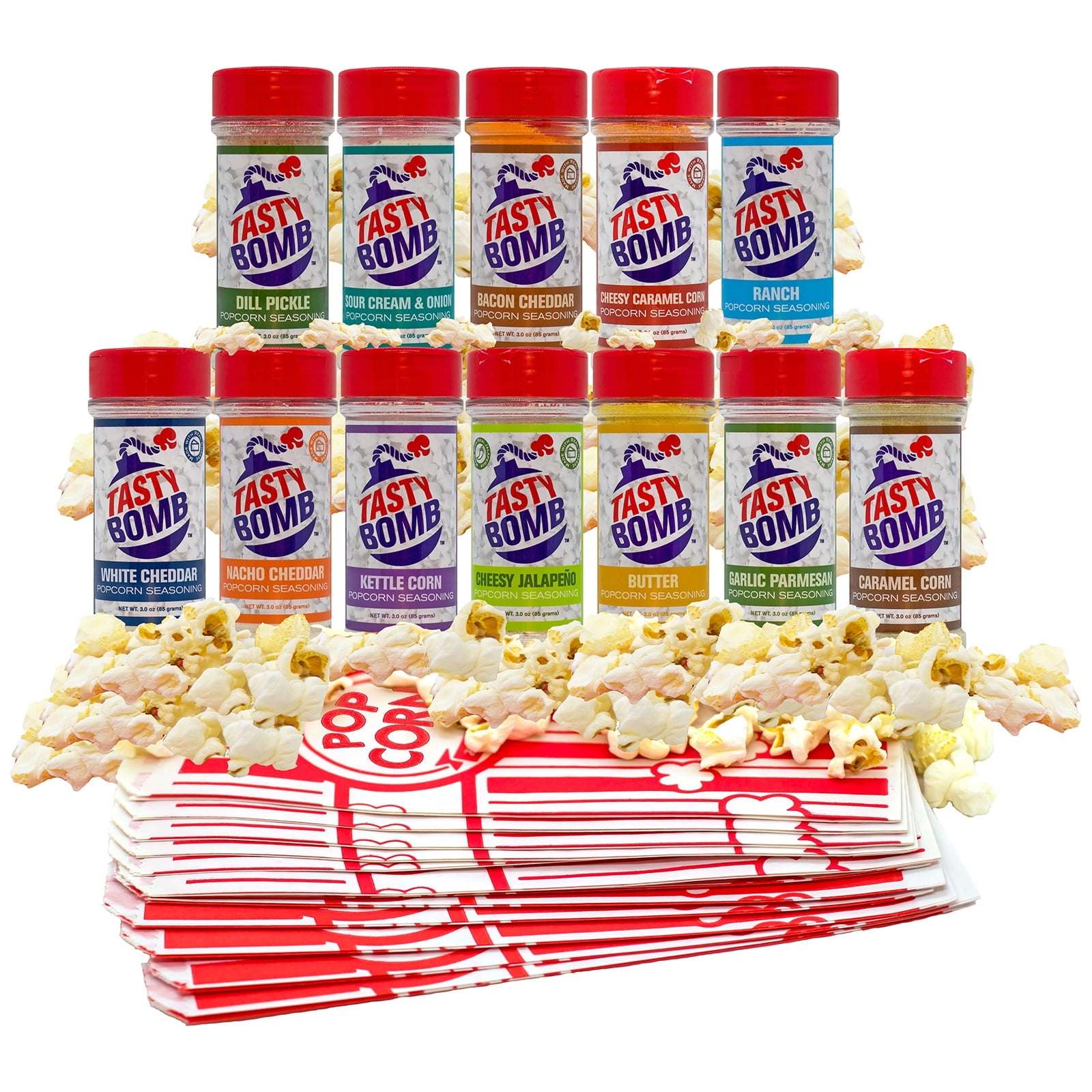 Flavorful Popcorn Seasoning Variety Pack - 12 Seasonings in White Cheddar Cheese, Ranch, Sour Cream, & More with Popcorn Bags - Gluten-Free Keto Snack for Movie Nights & Gifts by Tasty Bomb, 2.8-3 Oz.