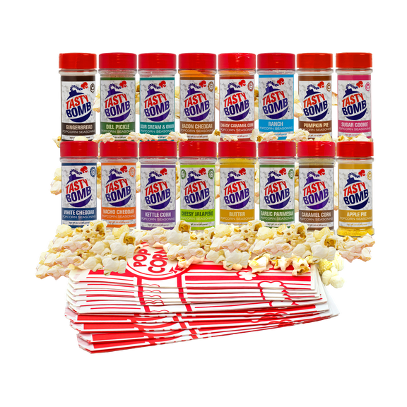 Variety Pack 16 - Flavorful Popcorn Seasoning Flavor White Cheddar Cheese, Ranch, Sour Cream, & More Gluten-Free Keto Snack for Movie Nights & Gifts by Tasty Bomb, 2.8-3 Oz