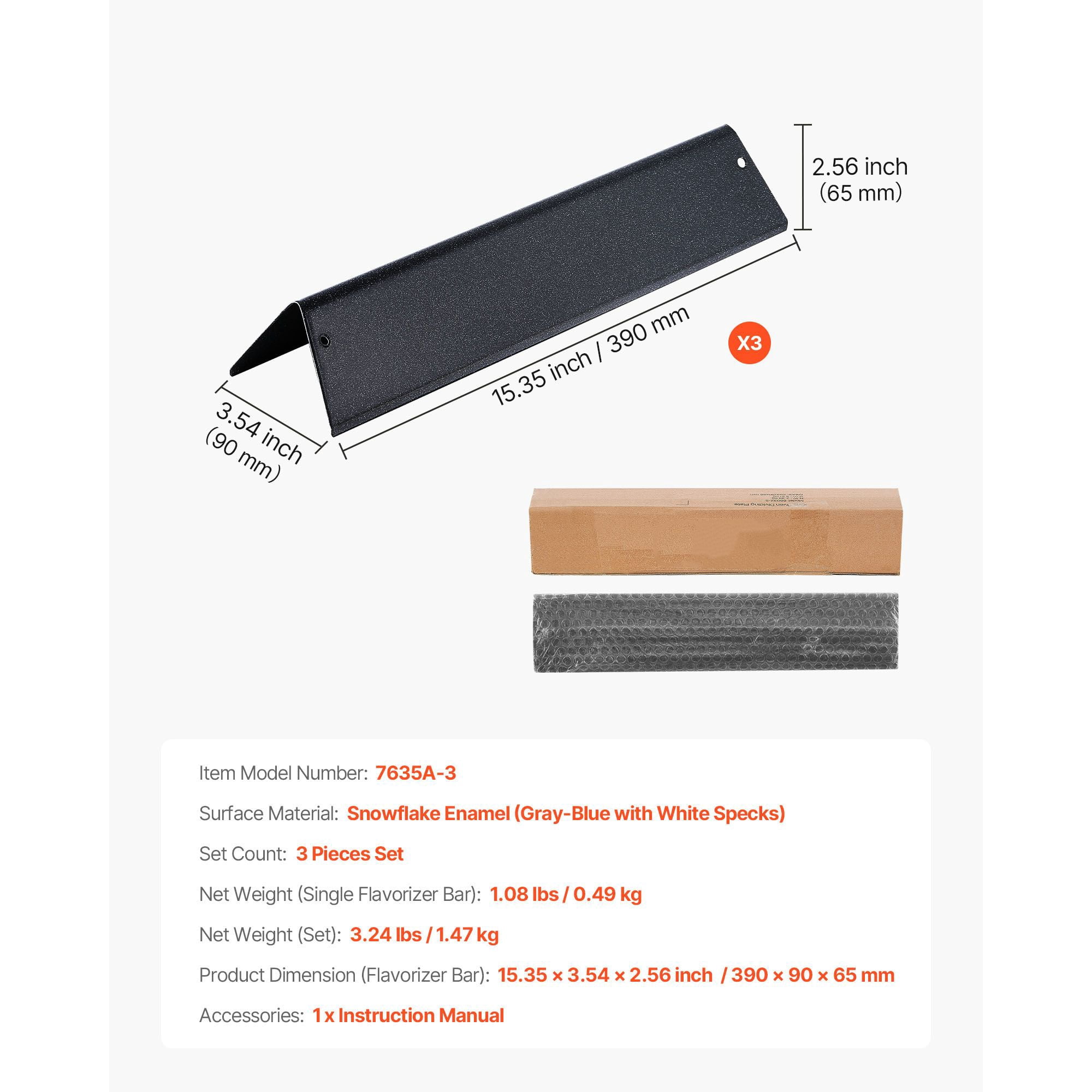 Flavorizer Bars 3-Pack Snowflake Porcelain Enameled Steel Compatible with Weber Spirit I and II 200 Series Gas Grills