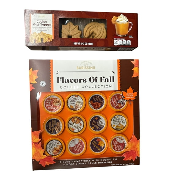 Flavors of Fall Coffee Collection Gift Set with 12 K Cup Pods and Fall coffee Mug toppers