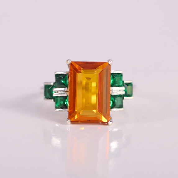 Flawless Baguette Cut Ring, Citrine & Emerald Gemstone Ring, Princess Emerald Ring, 925 Sterling Silver Ring, Party Wear Ring.