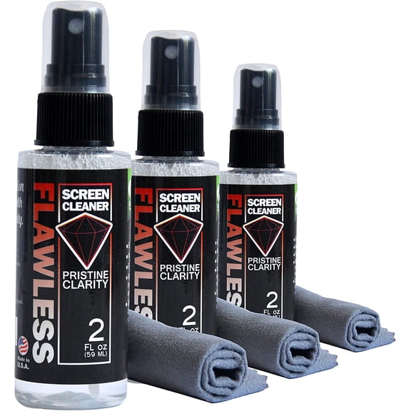 Flawless Screen Cleaner Spray with Microfiber Cleaning Cloth for LCD, LED Displays on Computer, TV, iPad, Tablet, Phone, and More (Mini 3 Pack)