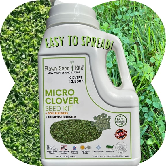 Flawn Seed Kits Micro Clover Seed Kit, 2500 sq ft, Low Maintenance, Ground Cover, Easy Spread Shaker Jug