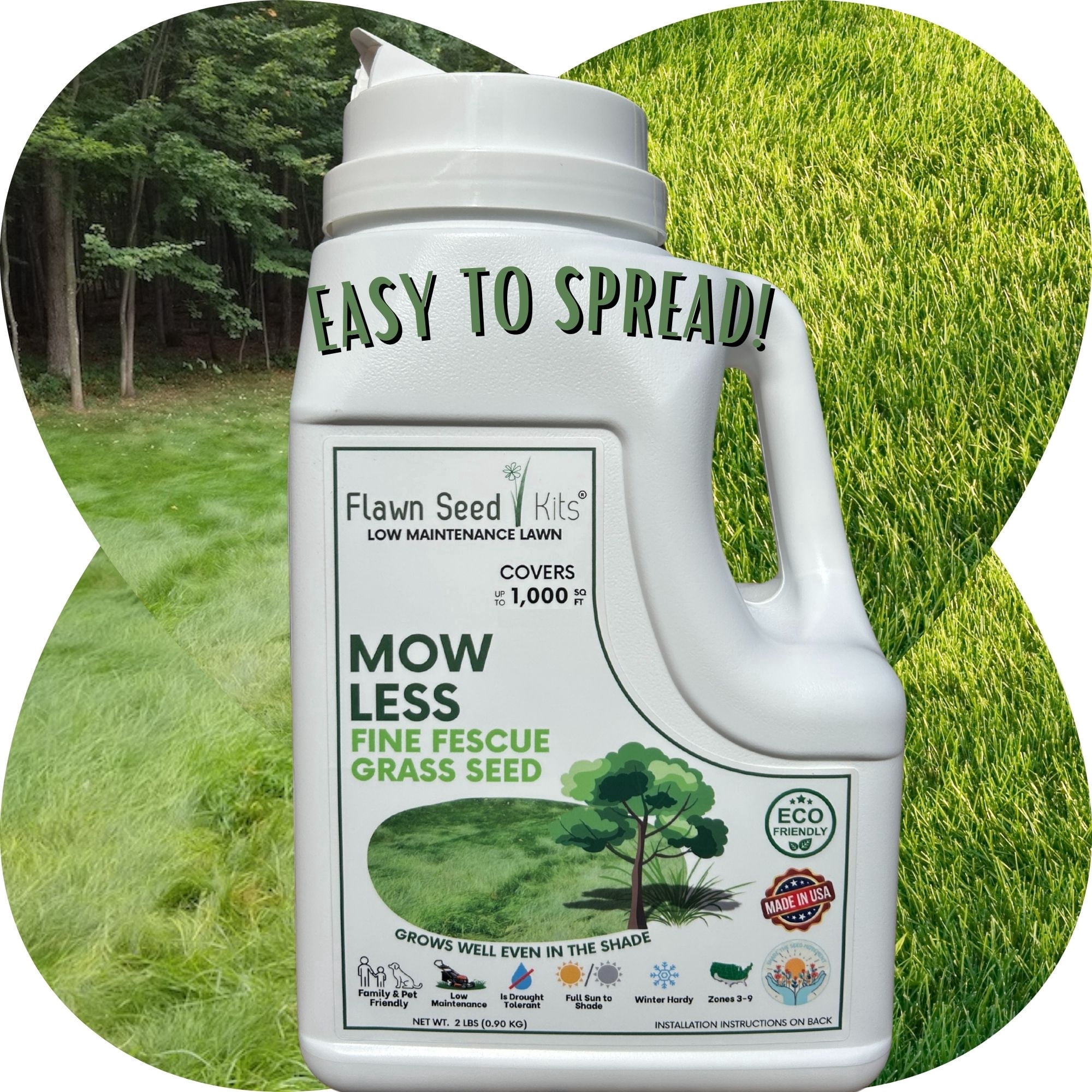 Flawn Seed Kits Mow Less Fine Fescue Grass Seed, 2 lb - Easy Spread Shaker, Low Maintenance