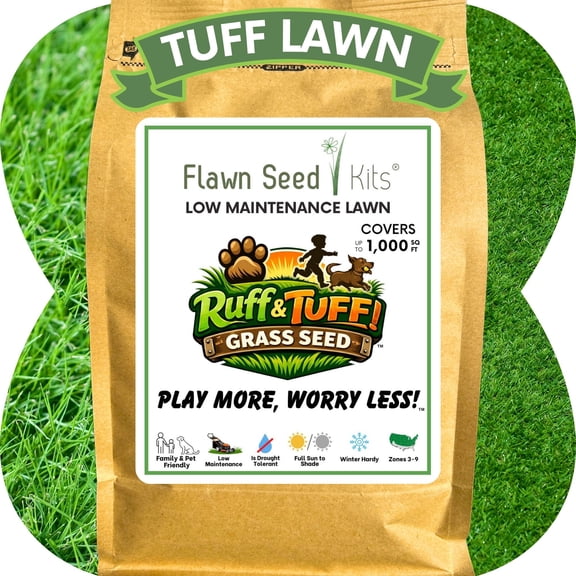 Flawn Seed Kits Ruff and Tuff Mow Less Fine Fescue Grass Seed, 2 lbs, Low Maintenance Lawn