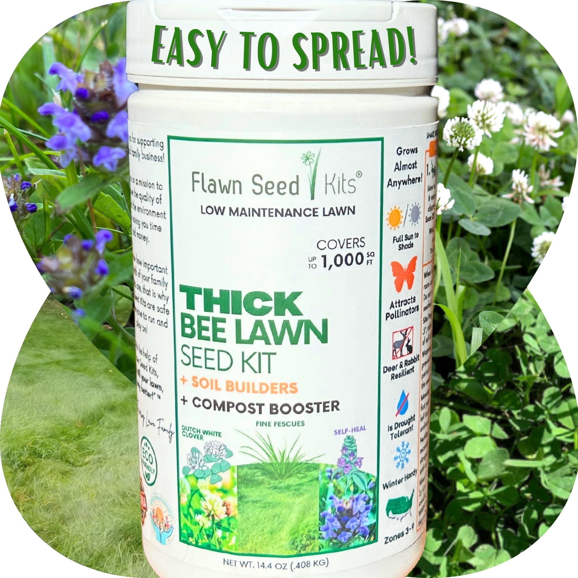 Flawn Seed Kits 1000 Sqft Thick Bee Lawn Shaker, Dutch White Clover, Self-Heal Fine, Fescue Grass Flower Seeds, Perennial