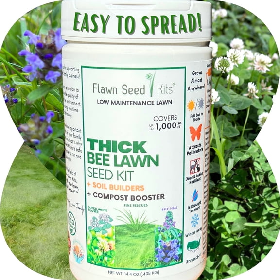 Flawn Seed Kits 1000 Sqft Thick Bee Lawn Shaker, Dutch White Clover, Self-Heal Fine, Fescue Grass Flower Seeds, Perennial