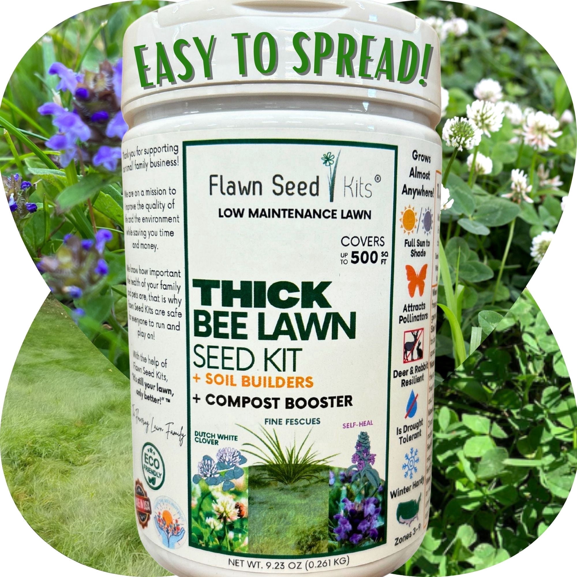 Flawn Seed Kits Thick Bee Lawn Kit, 500 Sqft, Perennial Dutch White Clover, Self-Heal, Fescue Grass, Shaker