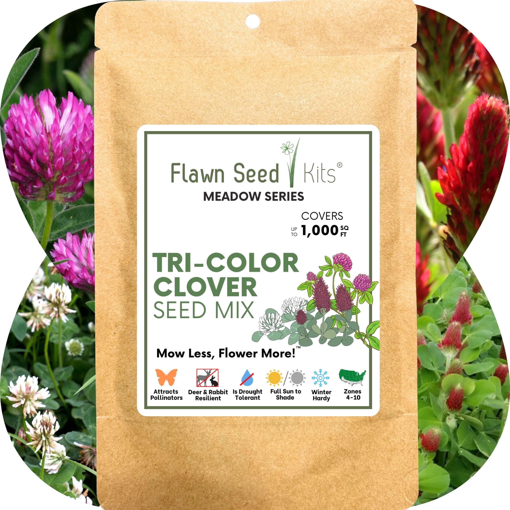 Flawn Seed Kits Tri-Color Crimson Red Medium Red Dutch White Clover Seed 1000 Sqft, Equal Mix in Kraft Pouch