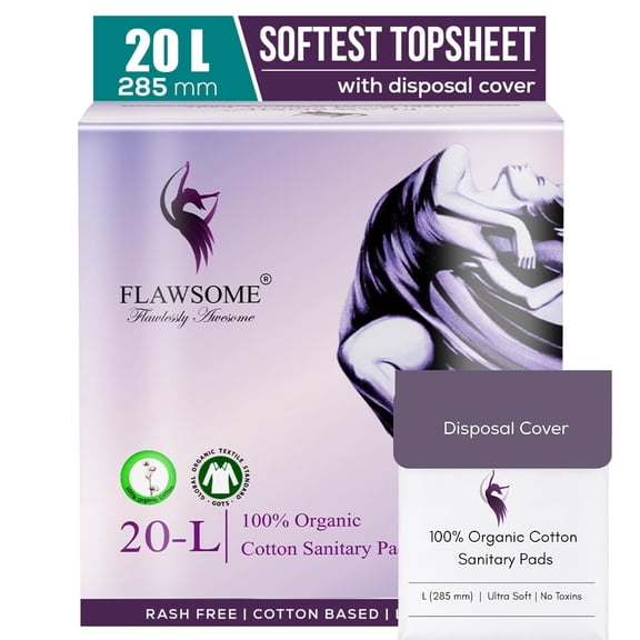 Flawsome Ultra Thin Sanitary Pads For Women | L | 20 Pads | Rash Free Periods | Cottony Soft Sanitary Napkins For Ultra Comfort with Disposable Cover | Dual Wings | Pure U.S. Cotton