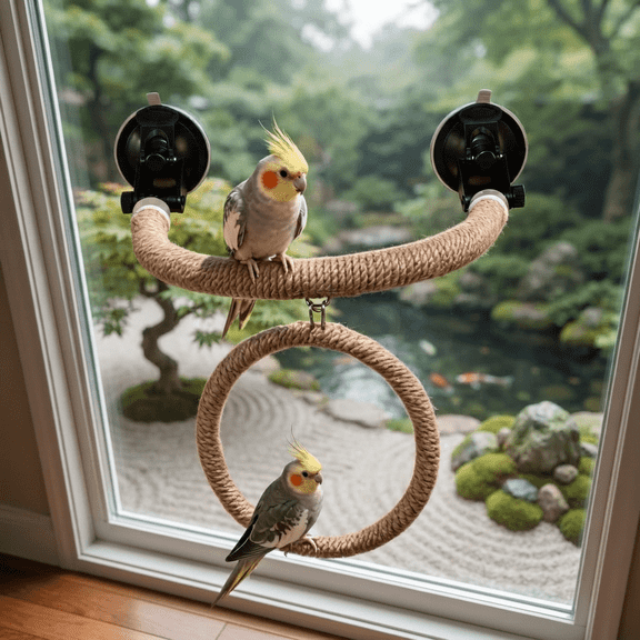 Flax Bird Window Perch | U-Shaped Stand & Swing w/Strong Suction Cups for Parrots & Budgies