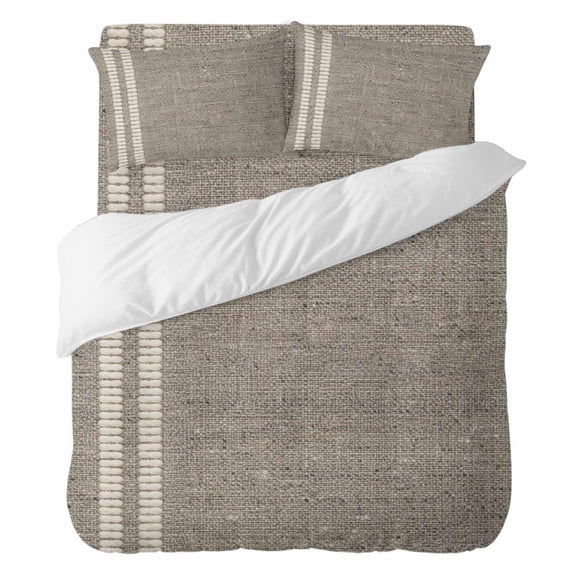Flax Gray Full Duvet Cover Set, Oatmeal Beige Woven Fabric Texture Rustic Farmhouse 4 Piece Microfiber Bedding Set with Zipper Closure, Bed Sheet and 2 Pillow Shams, Soft Bedding Cover
