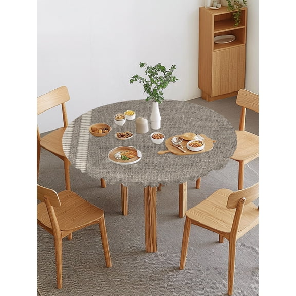 Flax Gray Round Fitted Tablecloth with Elastic Edge, Oatmeal Beige Woven Fabric Texture Rustic Farmhouse Waterproof Stretch Table Covers for 55"-60" Tables Wipeable Table Cloth for Outdoor