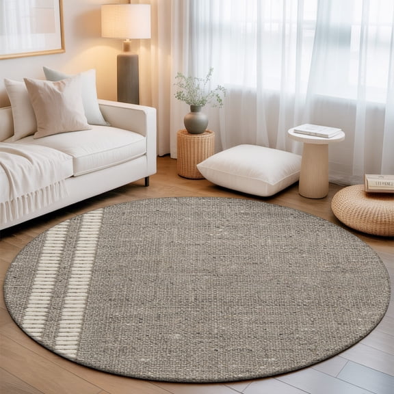 Flax Gray Round Rug 5Ft Oatmeal Beige Woven Fabric Texture Rustic Farmhouse Circle Area Rugs Washable Non Slip Indoor Floor Mats Carpet for Living Room Bedroom Dining Room Home Decor