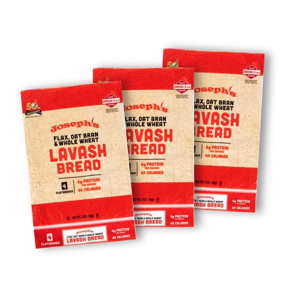 Flax Lavash 3 Pack - Lavash Bread Value 3-Pack, Flax Oat Bran & Whole Wheat, Reduced Carb (4 Flatbreads per Pack, 12 Total)