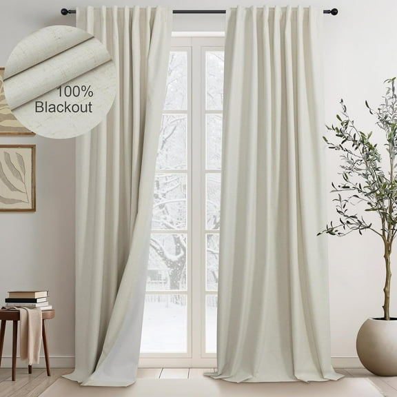 Flax Linen Curtains for Living Room 2 Panels Set 104 Inches Long Heavy Thick Burlap Look Decorative Blackout Curtain 104 inch Length Sound Drapes Noise Reducing Back Tab Rod Pocket W52 Beige