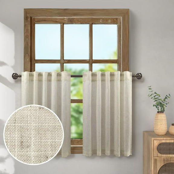 Flax Linen Kitchen Curtains for Windows Over Sink 2 Panels Back Tab Pocket Primitive Earth Tone Small Bathroom Window Curtain for Short Window Bedroom Valance Tier Mini Neutral 52 x 24 Beige