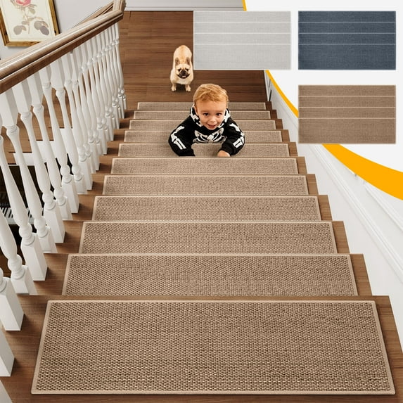 Flax Non Slip Stair Treads,8x30in Stair Mats,Rubber Backing,Indoor Washable,Wooden Steps,Pet Kids Friendly,Durable Stair Rugs|Nylon,Spandex,Brown,MIANHT
