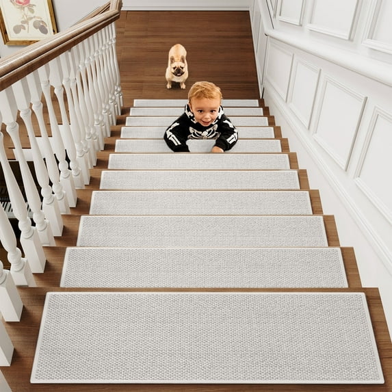 Flax Non Slip Stair Treads,8x30in Stair Mats,Rubber Backing,Indoor Washable,Wooden Steps,Pet Kids Friendly,Durable Stair Rugs|Nylon,Spandex,White,MIANHT