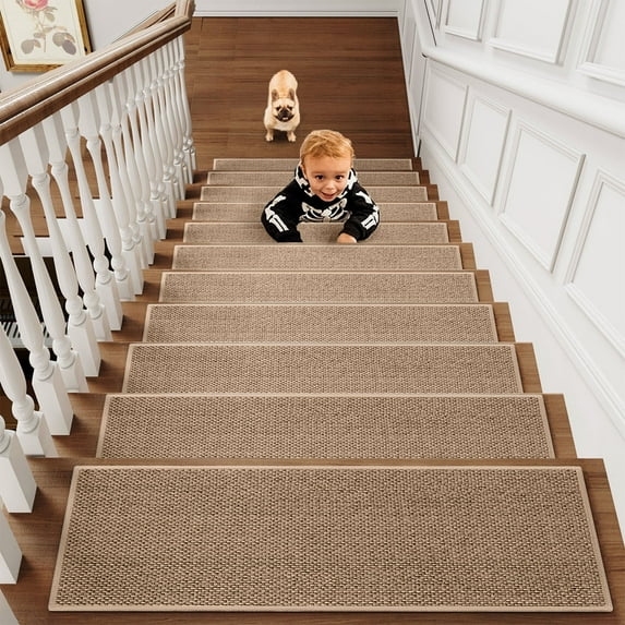 Flax Non Slip Stair Treads, Rubber Backed Stair Mats, Natural Fiber, Non Skid, Waterproof, Modern, Family Home, Indoor Stair Coverings, Pet Safe TOPLIU