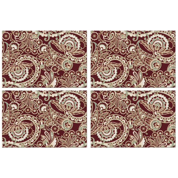 Flax Paisley Placemats Set of 4, Heat Resistant Wrinkle Free Linen Table Mats Featuring Colorful Retro Boho Floral and Artistic Mandala Design