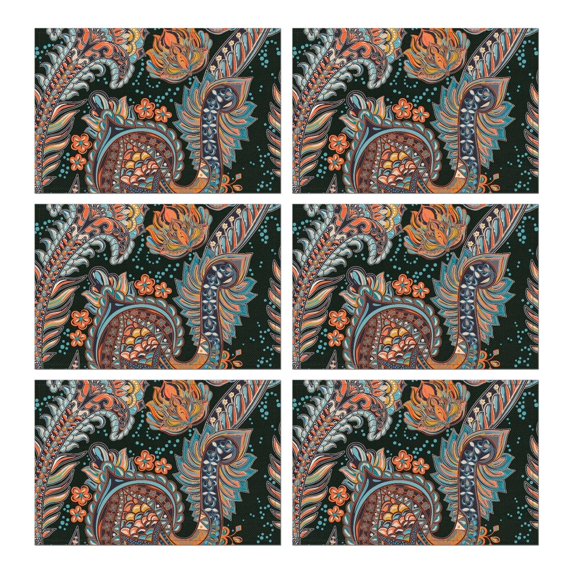 Flax Paisley Placemats Set of 6 with Heat Resistant Wrinkle Free Design, Featuring Colorful Retro Boho Floral and Mandala Geometric Artistic Decor