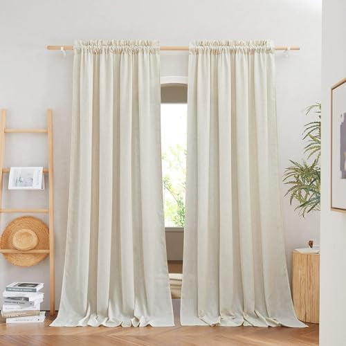 Flax Sheer Linen Curtains for Windows 90 inch Long, Rod Pocket Semi Sheer Vertical Drapes Privacy Added with Light Filtering for Bedroom/Living Room, Natural, W55 x L90, 2 Panels